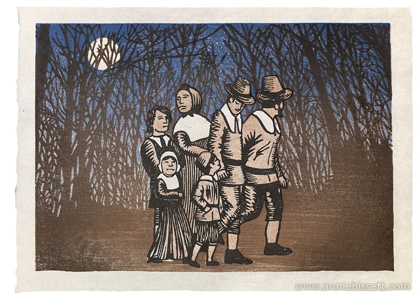 Moku hanga woodblock print of a group of pilgrims and forest night scene by Annie Bissett