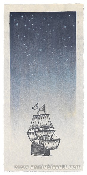 Moku hanga woodblock print of a ship, the Mayflower, and starry sky by Annie Bissett