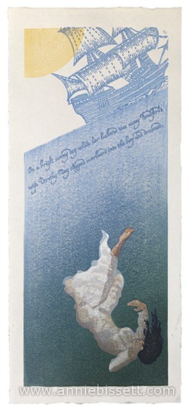 Moku hanga woodblock print of a ship, the Mayflower, and woman falling through water by Annie Bissett